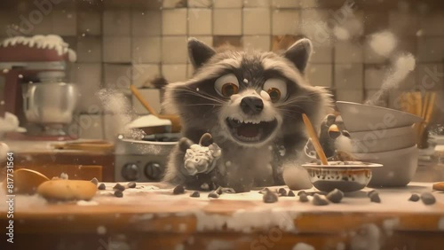 Messy Raccoon in the Kitchen, Generative AI photo