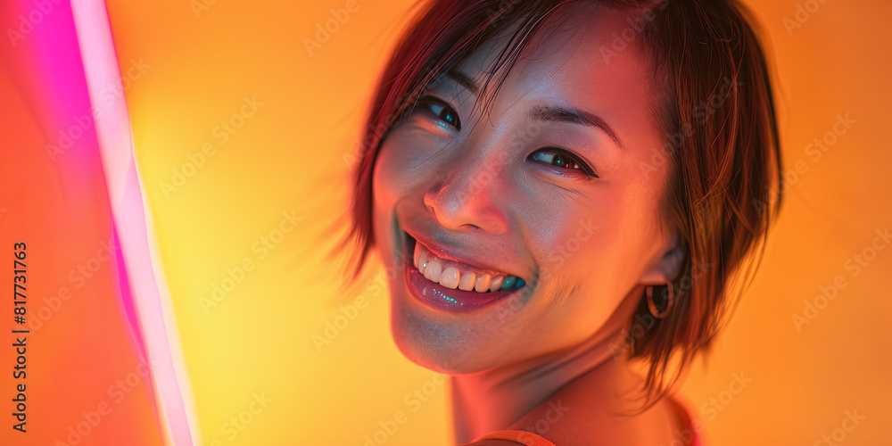 a beautiful Asian woman with short hair and a bob haircut smiling, generative AI a beautiful Asian woman with short hair and a bob haircut smiling, generative AI