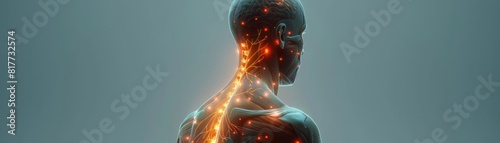 Scientific exploration of the human body, detailed back view of a digital human with glowing neural and muscular systems, for educational use photo