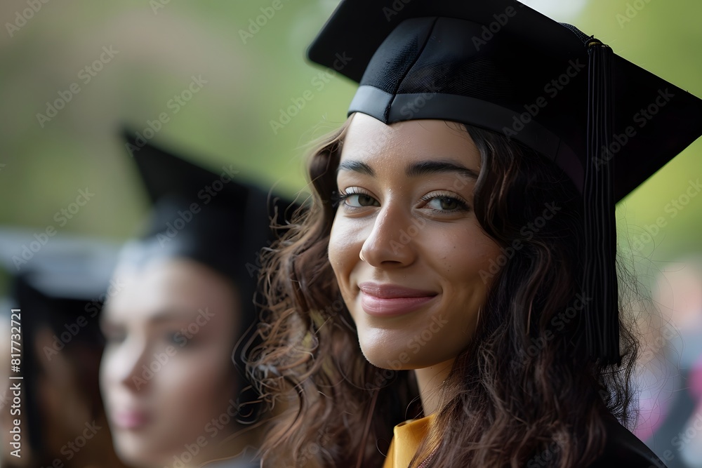 A woman in a graduation cap and gown smiling
