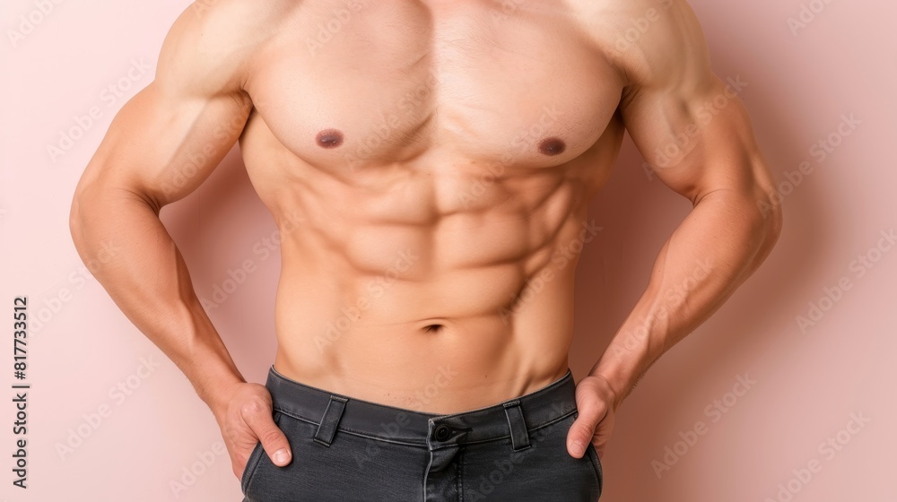 Muscular bodybuilder showing defined abs on soft colored background with space for text Muscular bodybuilder showing defined abs on soft colored background with space for text