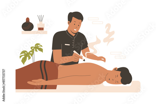 Acupuncture moxibustion therapist vector concept, alternative medicine concept. Flat illustration concept