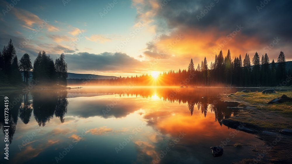 A vibrant sunset over a serene lake A vibrant sunset over a serene lake