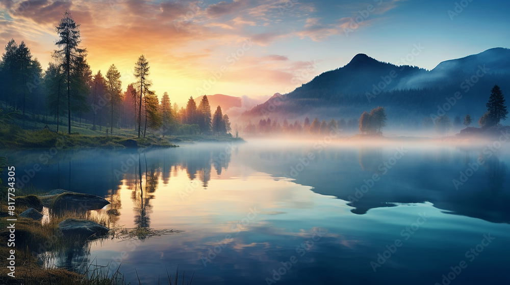 Tranquil lake with mist rising from the surface at sunrise Tranquil lake with mist rising from the surface at sunrise