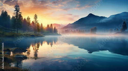 Tranquil lake with mist rising from the surface at sunrise