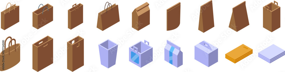 Craft paper eco bags vector. A series of brown paper bags and boxes. The bags are of various sizes and shapes, and the boxes are also of different sizes and shapes Craft paper eco bags vector. A series of brown paper bags and boxes. The bags are of various sizes and shapes, and the boxes are also of different sizes and shapes