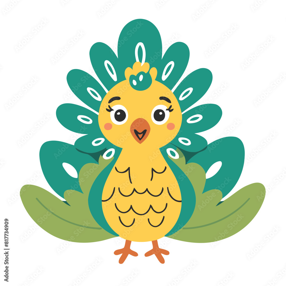Vector illustration of a cute Peacock for kids story book Vector illustration of a cute Peacock for kids story book