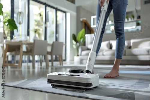 Someone is using a vacuum to clean the floor of a living room