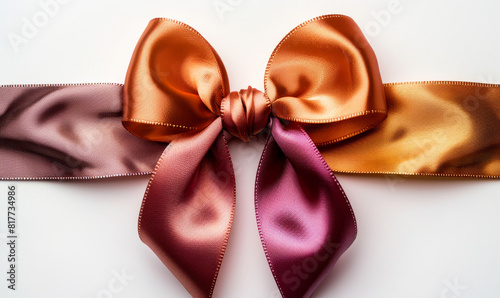 Elegant Satin Ribbon Bow in Rich Gold and Burgundy Colors, Perfect for Festive Decoration or Gift Packaging, Isolated on White Background photo