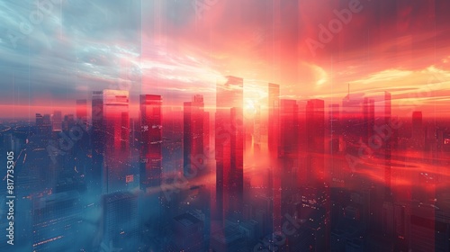 Futuristic cityscape at sunset with red and blue hues, high-rise buildings, and an abstract aesthetic.