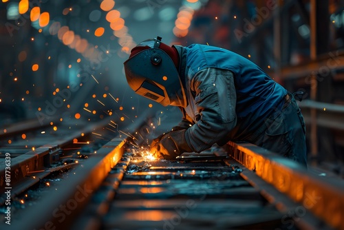Welder sparks metal rail dark photo