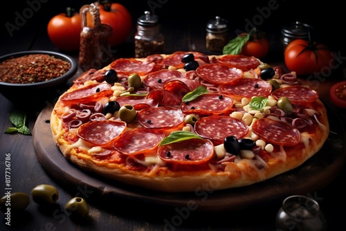 Pizza with salami  olives and tomatoes on black background