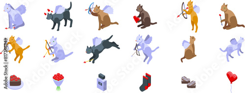 Cupid cat vector. A collection of cats with various poses and actions  including one cat holding a bow and arrow and another cat holding a book