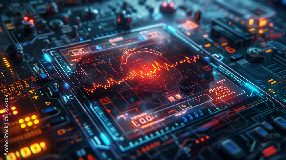A high-tech digital interface displaying a detailed data readout with vibrant lights and intricate electronic components. A high-tech digital interface displaying a detailed data readout with vibrant lights and intricate electronic components.