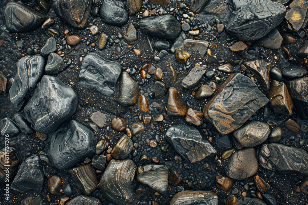 A top-down view of a rocky riverbed, with smooth pebbles and rough boulders creating a textured landscape. 