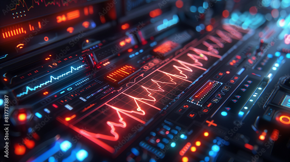 A high-tech control panel displaying dynamic data visualizations with glowing lights, representing advanced technology and data analysis. A high-tech control panel displaying dynamic data visualizations with glowing lights, representing advanced technology and data analysis.