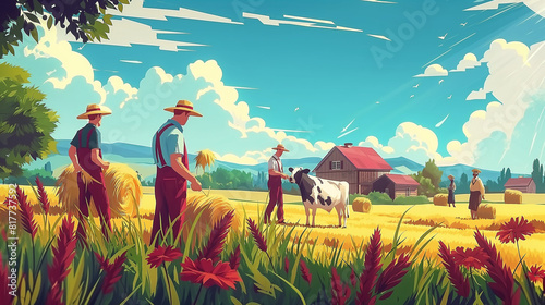 Countryside landscape workers. Peasant cultivating soil field agriculture, garden farmer farmland worker harvest hay bale on cow grassland countryside, vector illustration of countryside landscape.  photo