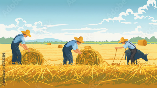 Countryside landscape workers. Peasant cultivating soil field agriculture, garden farmer farmland worker harvest hay bale on cow grassland countryside, vector illustration of countryside landscape.  photo