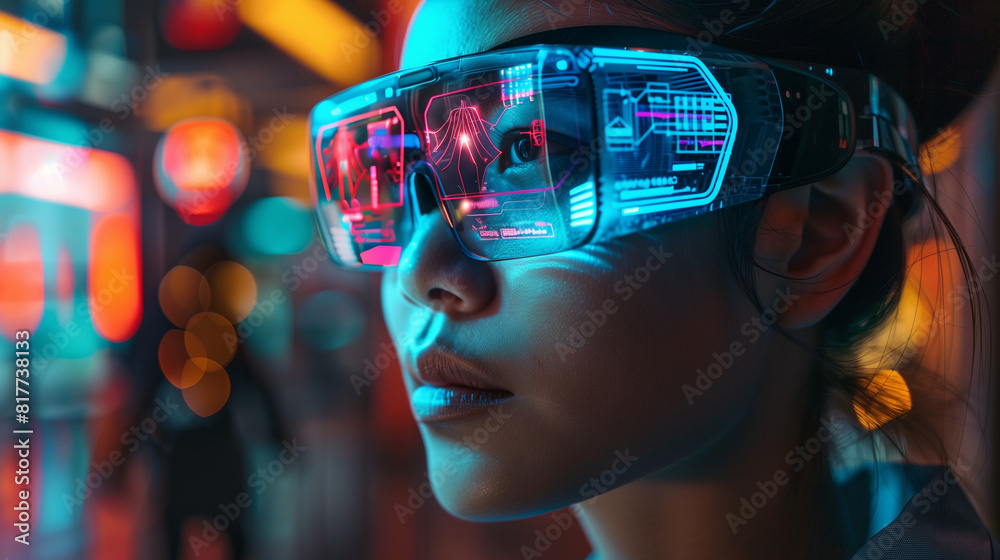 A woman uses augmented reality glasses featuring a detailed digital interface, showcasing advanced technology and futuristic innovation. A woman uses augmented reality glasses featuring a detailed digital interface, showcasing advanced technology and futuristic innovation.