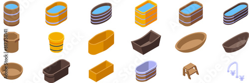 Wooden baths vector. A collection of bath tubs and buckets in various shapes and sizes. Concept of variety and abundance, with each tub and bucket offering a unique design and purpose. Scene is one of