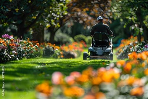 Man mowing grass park lawn mower photo