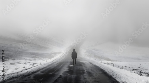 Person walking along snowy road in daylight photo