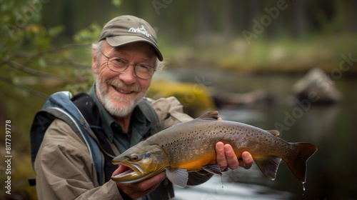 Happy fisherman holds a big fish, portrait