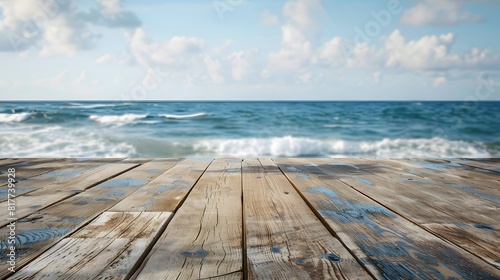 Blank Wooden table with sea background front view