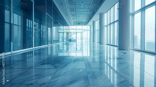 View of a large glass walled hallway with a view of a city