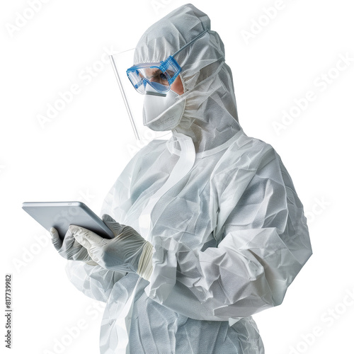 Lab worker in protective clothing holding tablet, transparent background