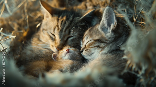 Mother cat nuzzles her sleepy kitten  both basking in the gentle glow of the sun