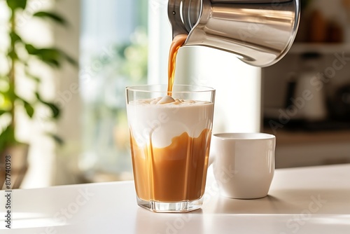 Coffee pouring from coffee machine into glass cup on white table