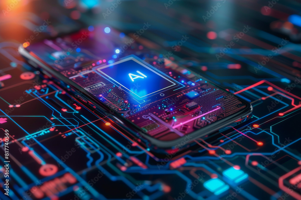 Transparent smartphone display on with AI text to the screen for futuristic technology concepts. Transparent smartphone display on with AI text to the screen for futuristic technology concepts.