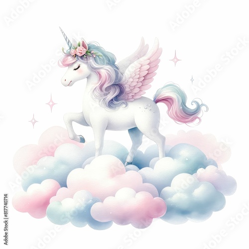 A magical unicorn in the clouds. watercolor illustration  Perfect for nursery art  simple clipart  single object  white color background. 