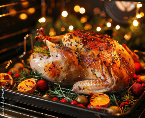 a perfect image of a delicious christmas turkey cooking in an oven