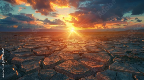 Powerful environmental message depicted through a landscape of cracked earth under a glowing sunset, urging awareness and action photo