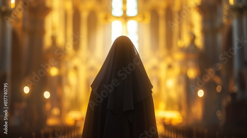 Nun stands in contemplation within a church, bathed in the warm, golden light of a morning sun photo