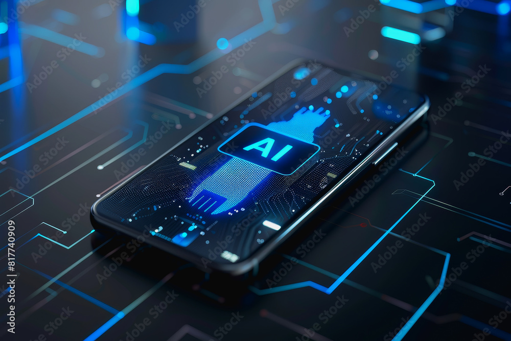 Transparent smartphone display on with AI text to the screen for futuristic technology concepts. Transparent smartphone display on with AI text to the screen for futuristic technology concepts.