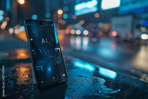Transparent smartphone display on with AI text to the screen for futuristic technology concepts.