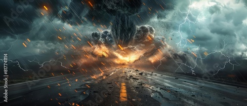 A lone road leading into a raging tornado, dark and ominous clouds with flashes of lightning, wet pavement reflecting the storm, realistic and intense, high detail