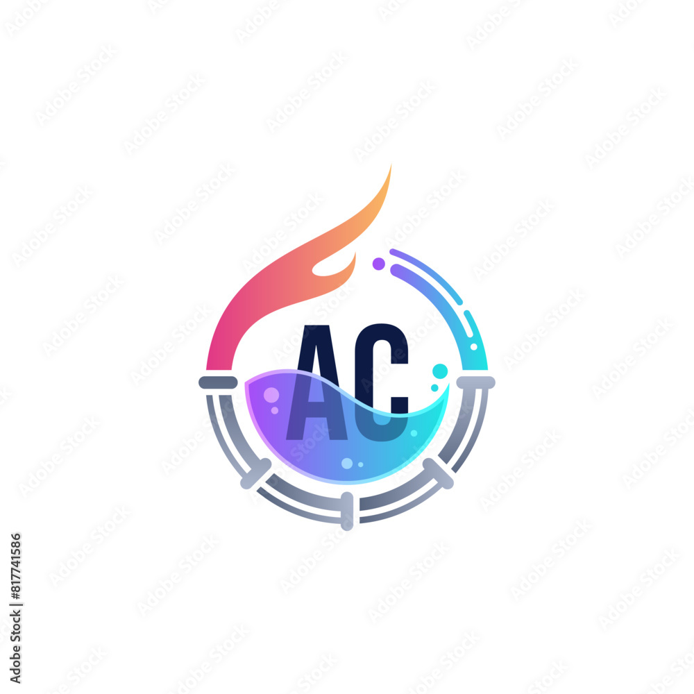 colorful and shiny plumbing and HVAC repair service logo with accents of plumbing, water, bubbles, fire and the letter AC colorful and shiny plumbing and HVAC repair service logo with accents of plumbing, water, bubbles, fire and the letter AC