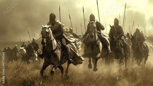 Warhorses rearing in defiance as knights charge forth with lances leveled
