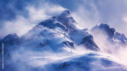 Snow-covered mountain peak with mist and clouds. Winter landscape and nature concept