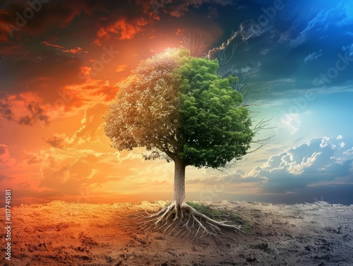 A tree representing two worlds, lush forest on one side and barren wasteland on the other, vibrant colors, high contrast, splitscreen composition, symbolizing environmental duality photo