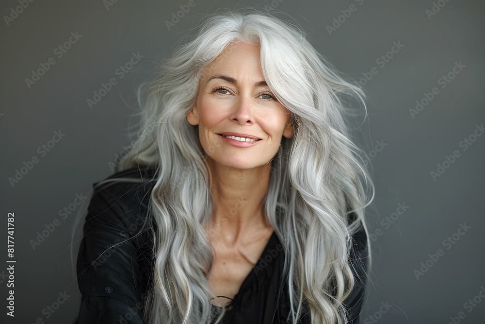 Woman with long gray hair and a black top Woman with long gray hair and a black top