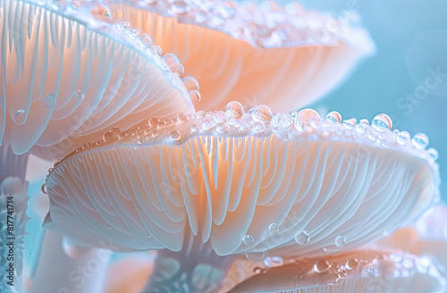 a photograph abstracted close up of a mushroom with water droplets pastel colors  studio light