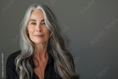 Woman with long gray hair and black shirt looking at the camera © Valentin