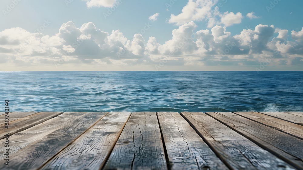 Blank Wooden table with sea background front view Blank Wooden table with sea background front view