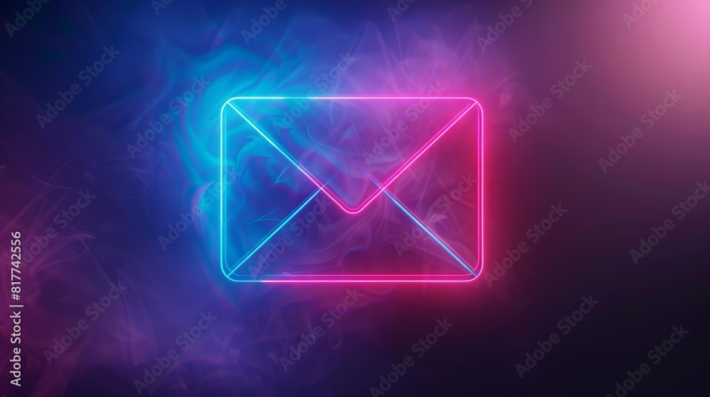 Bright neon mail icon with foggy effects, Modern, Blue and magenta colors, Photorealistic, Emphasizing communication and technology Bright neon mail icon with foggy effects, Modern, Blue and magenta colors, Photorealistic, Emphasizing communication and technology