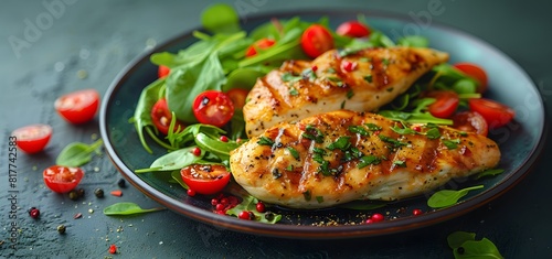 Chicken fillet with salad. Healthy food, keto diet concept. Top view on gray background.High quality photo